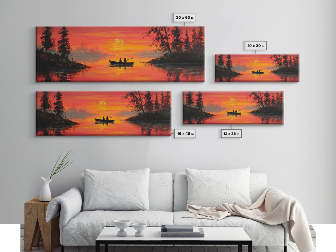 Orange Sunset Canoe Lake Wall Art, Romantic Nature Painting, Cabin Wall Art, Rustic Home Decor, Living Room Landscape Print