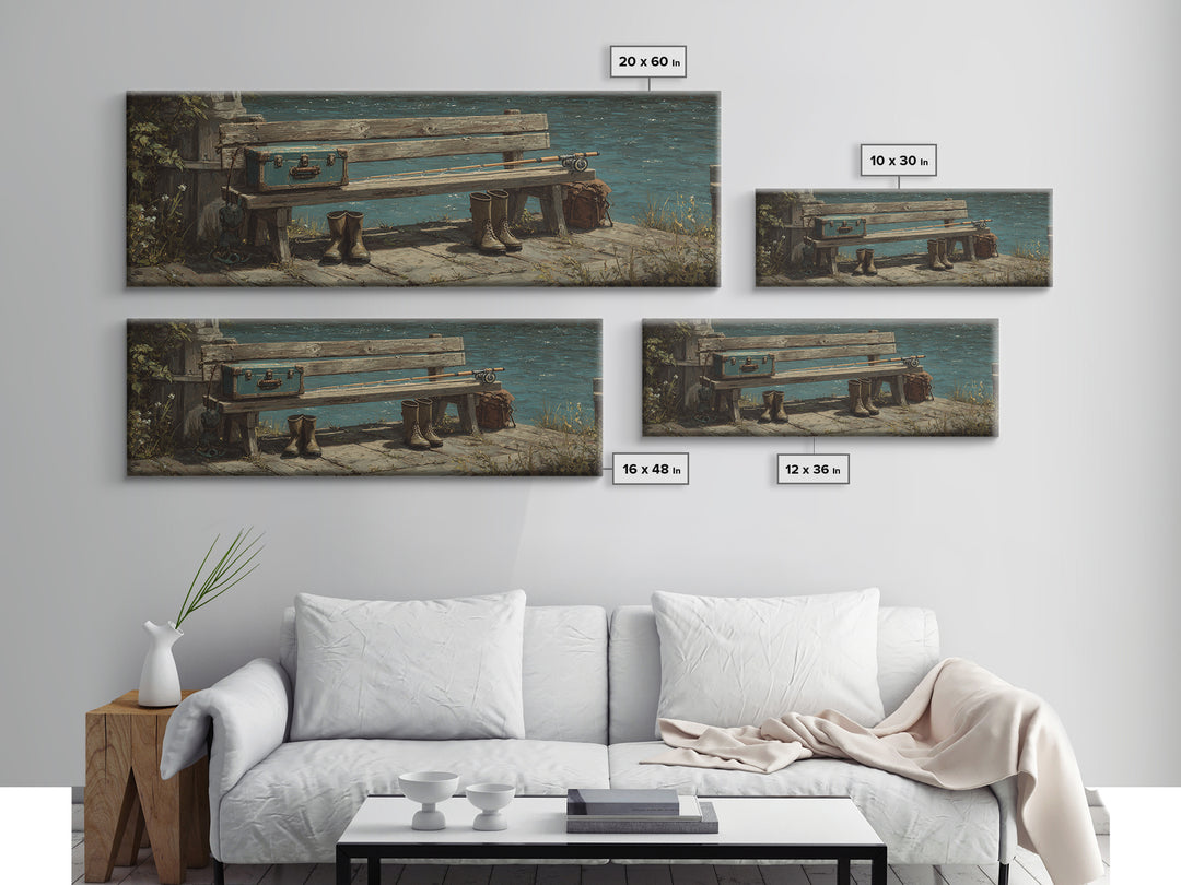 Weathered Lakeside Bench With Boots Canvas Print, Rustic Lake House Wall Art, Fishing Cabin Decor, Moody Landscape Gift For Him