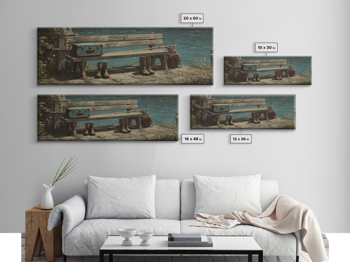 Weathered Lakeside Bench With Boots Canvas Print, Rustic Lake House Wall Art, Fishing Cabin Decor, Moody Landscape Gift For Him