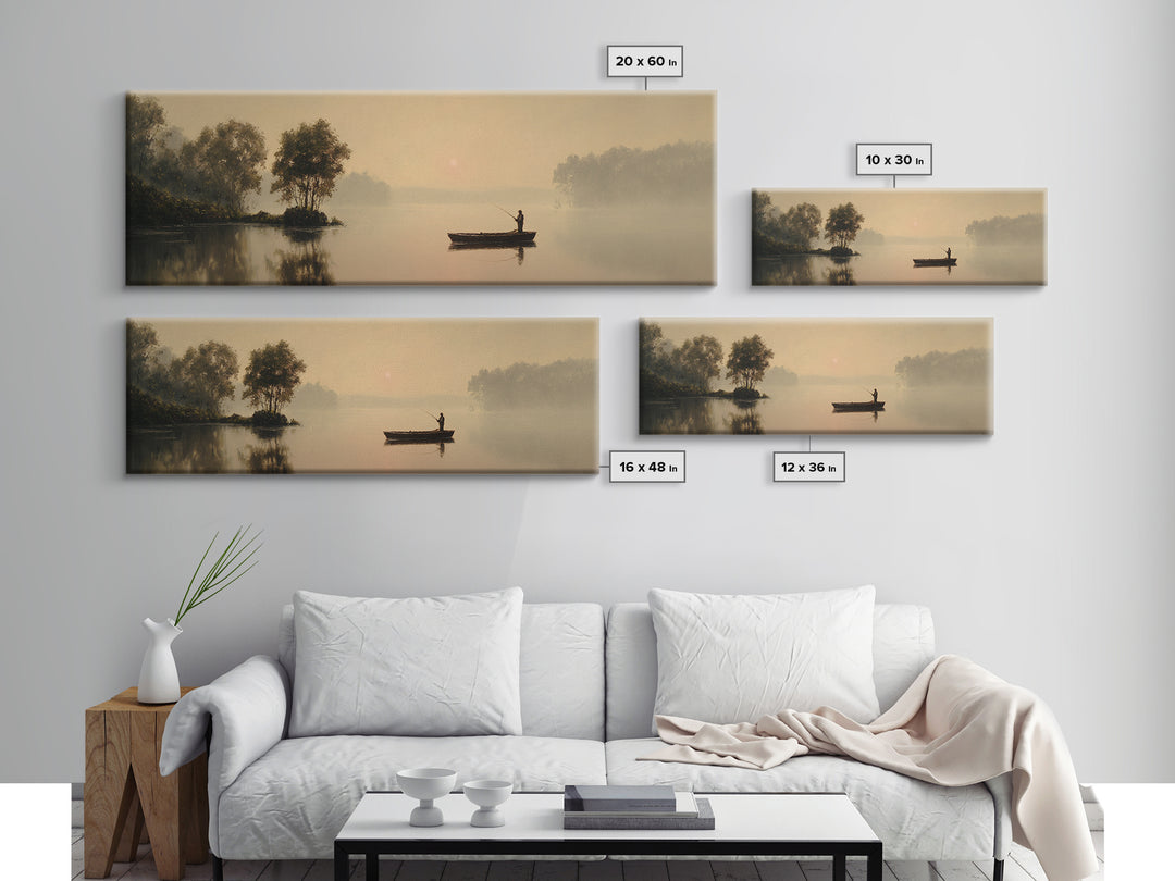 Misty Lake Fisherman Boat Wall Art, Serene Landscape Canvas Print, Neutral Nature Decor, Peaceful Living Room Art Housewarming Gift