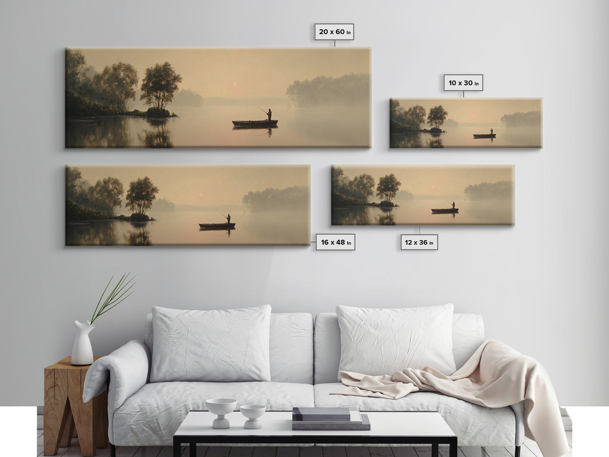 Misty Lake Fisherman Boat Wall Art, Serene Landscape Canvas Print, Neutral Nature Decor, Peaceful Living Room Art Housewarming Gift