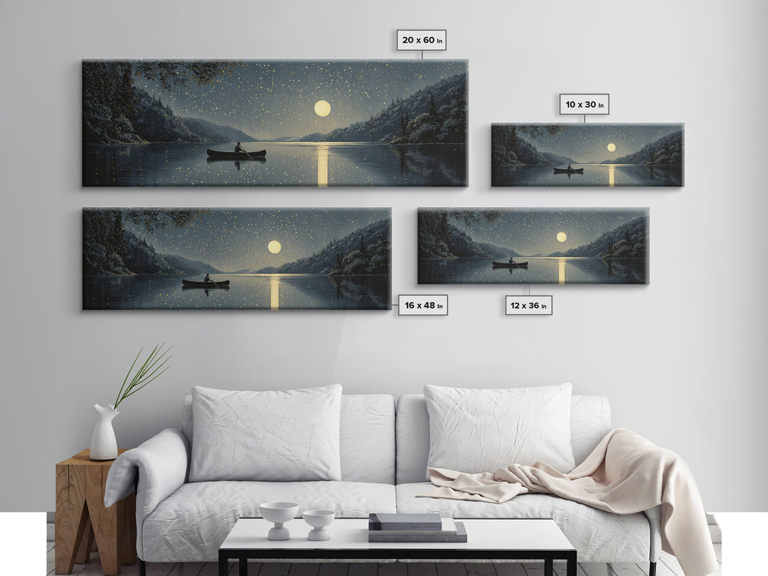 Moonlit Canoe On Snowy Lake Wall Art, Starry Night Landscape Canvas Print, Rustic Cabin Decor For Peaceful Home Living Room Wall Decor
