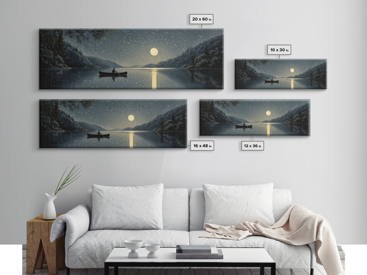 Moonlit Canoe On Snowy Lake Wall Art, Starry Night Landscape Canvas Print, Rustic Cabin Decor For Peaceful Home Living Room Wall Decor