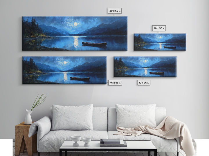 Moonlit Blue Lake Canoe Canvas Print, Moody Landscape Wall Art, Mountain Lake Decor, Cabin Wall Decor, Peaceful Nature Art