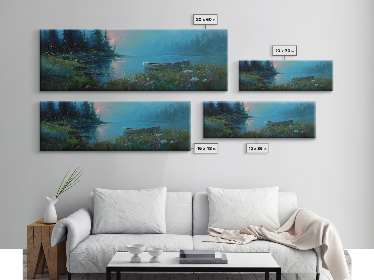 Twilight Canoe Lake Wall Art, Blue Forest Landscape Canvas Print, Wildflower Nature Decor, Cozy Cabin Living Room Gift For Her