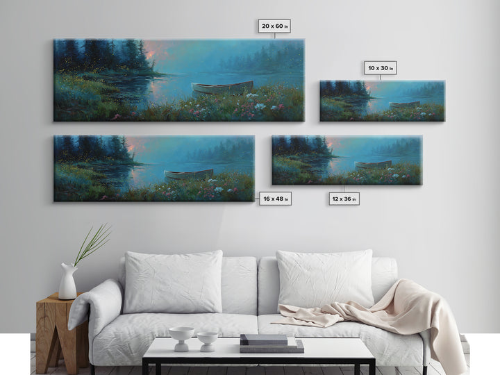 Twilight Canoe Lake Wall Art, Blue Forest Landscape Canvas Print, Wildflower Nature Decor, Cozy Cabin Living Room Gift For Her