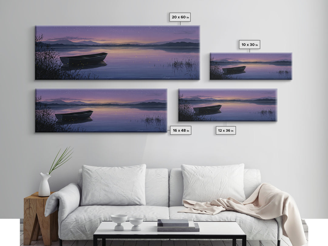 Twilight Lake Boat Framed Canvas Print, Starry Purple Mountain Landscape, Peaceful Cabin Wall Art For Cozy Bedroom Decor