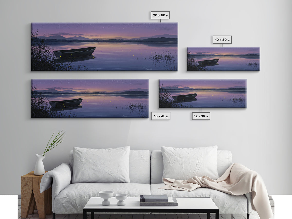 Twilight Lake Boat Framed Canvas Print, Starry Purple Mountain Landscape, Peaceful Cabin Wall Art For Cozy Bedroom Decor