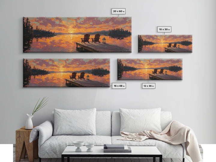 Sunset Lake Dock Chairs Wall Art, Panoramic Cabin Decor, Rustic Lake House Canvas Print, Above Bed Living Room Decor Gift