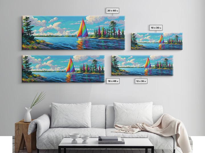 Rainbow Sailboat On Blue Lake Canvas Print, Colorful Wall Art, Coastal Decor, Nautical Poster, Lake House Living Room Art