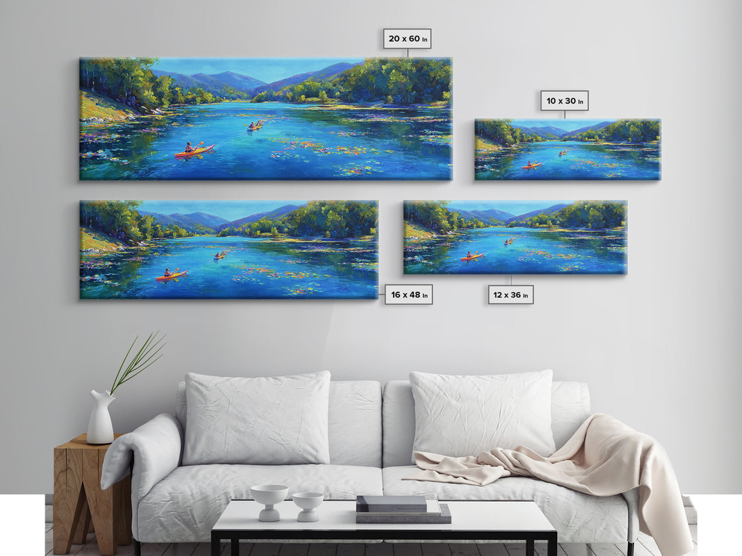 Kayakers On Blue Mountain River Wall Art, Panoramic Landscape Canvas Print, Nature Wall Decor, Living Room Art, Large Horizontal Home Decor