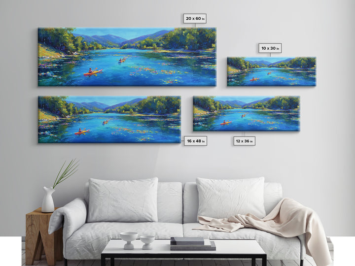 Kayakers On Blue Mountain River Wall Art, Panoramic Landscape Canvas Print, Nature Wall Decor, Living Room Art, Large Horizontal Home Decor
