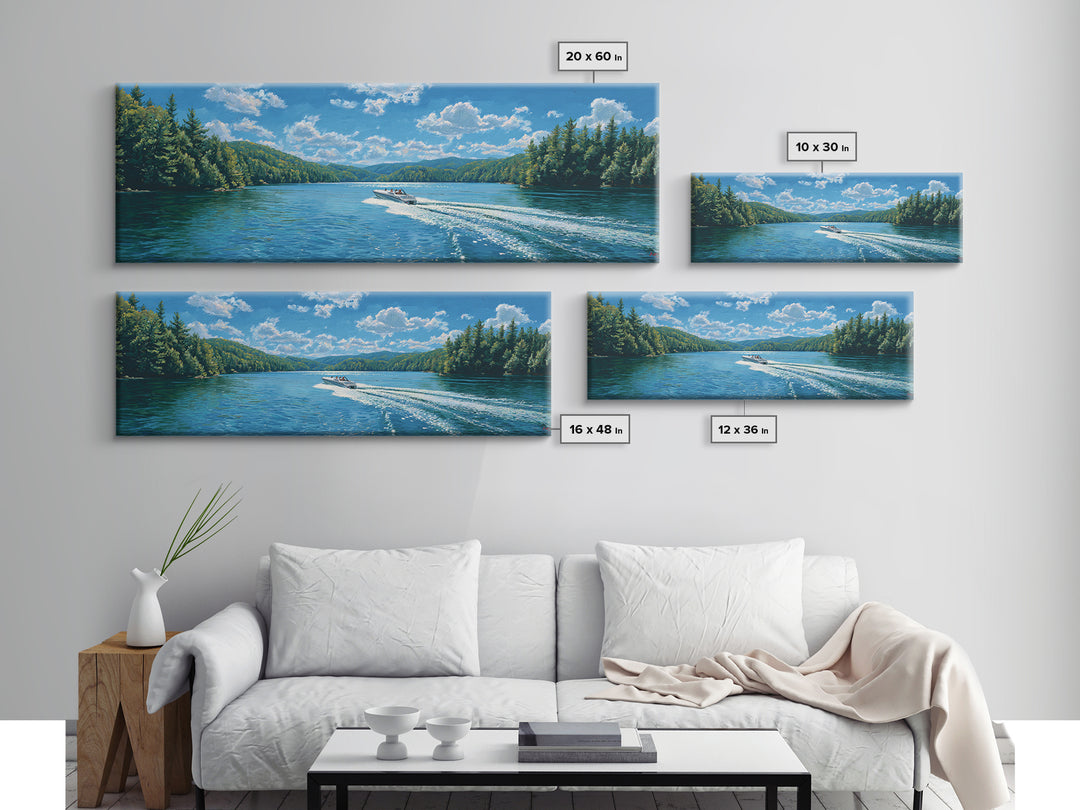 Pine Forest Lake Wall Art, Speedboat Wake Landscape Canvas Print, Lake House Decor, Nature Wall Decor, Large Wall Art Prints