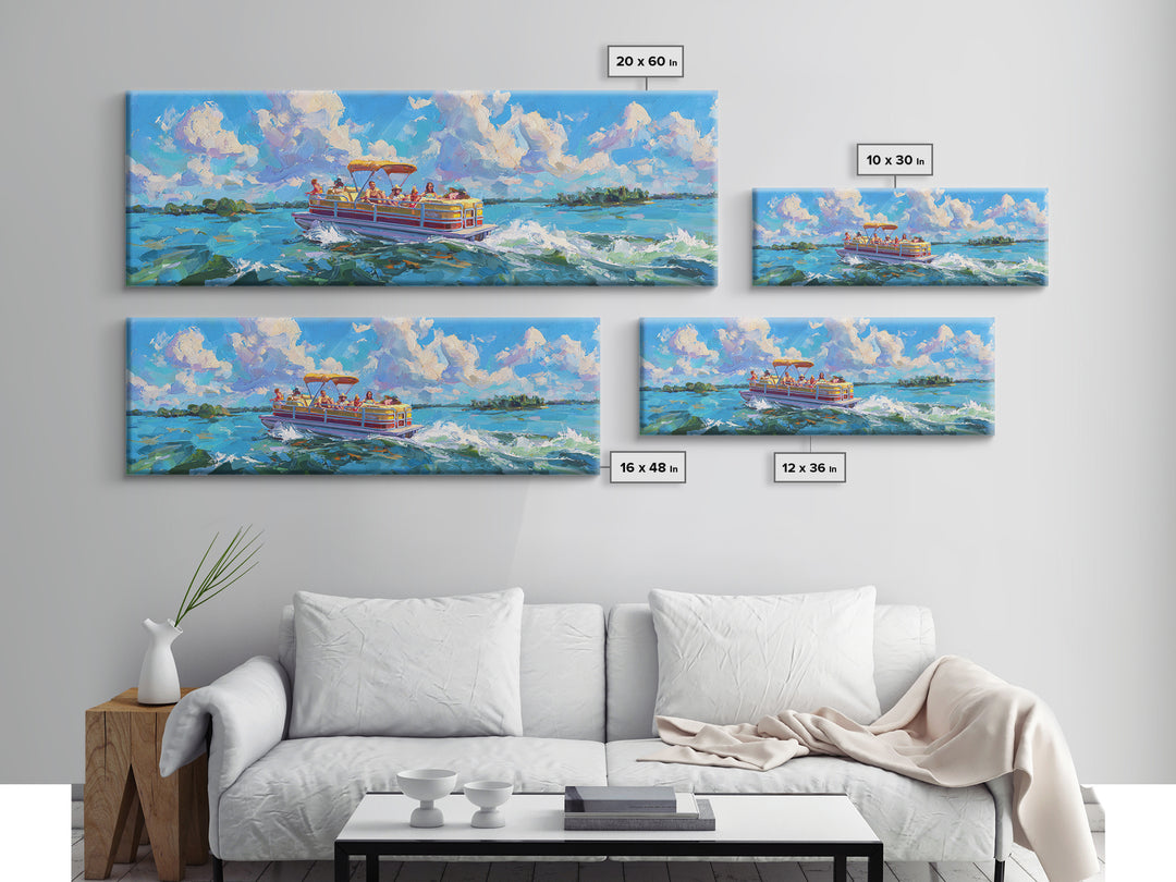 Colorful Pontoon Boat Lake Canvas Print, Coastal Wall Art, Summer Beach Decor, Nautical Landscape, Large Living Room Art
