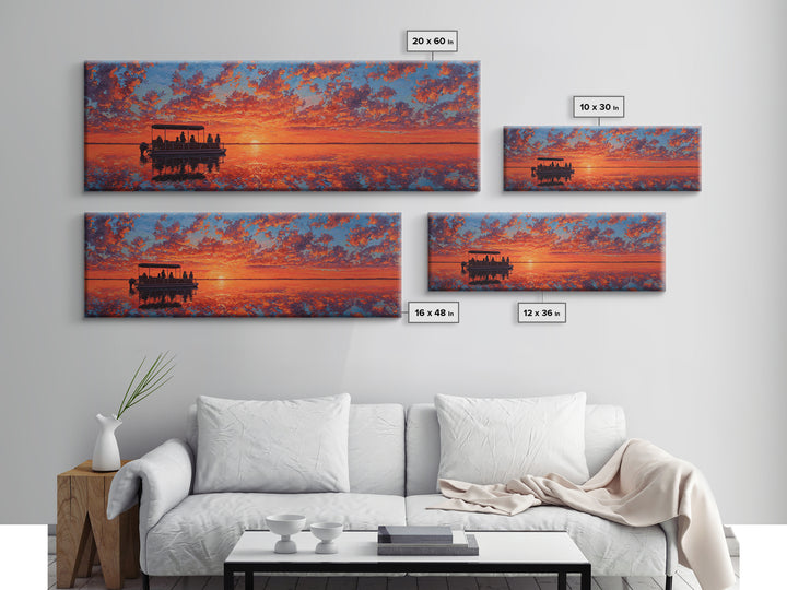 Pontoon Boat On Fiery Sunset Lake Wall Art, Orange Seascape Canvas Print, Nature Decor, Large Landscape Art, Gift For Her