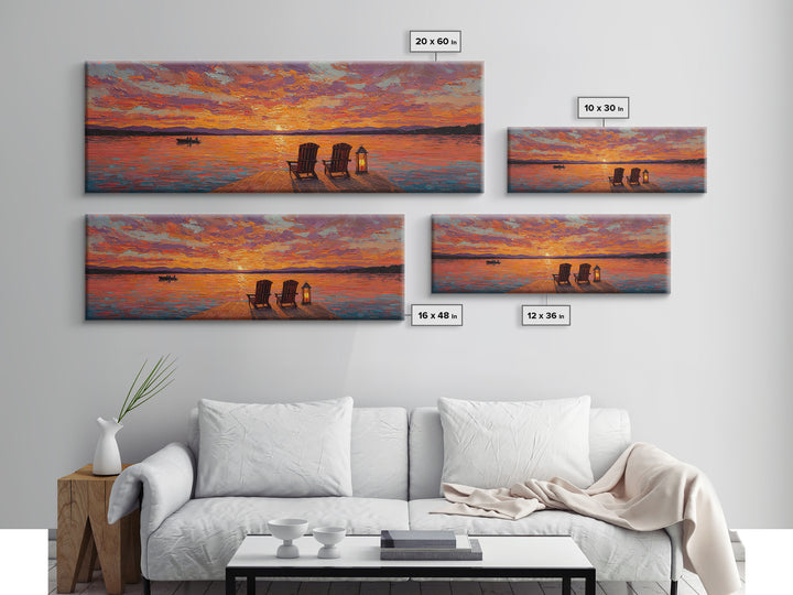 Sunset Dock With Adirondack Chairs Framed Canvas Print, Lake House Wall Art, Colorful Seascape Decor, Romantic Cabin Gift