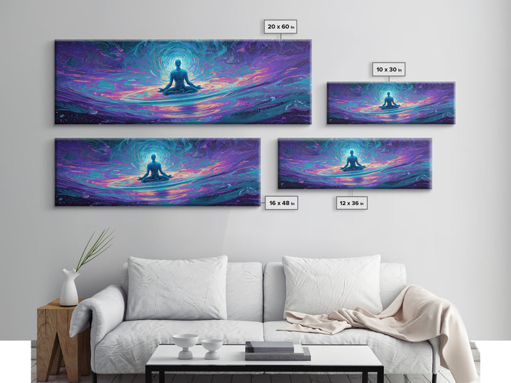 Meditating Figure Cosmic Water Wall Art, Spiritual Celestial Canvas Print, Psychedelic Zen Decor For Yoga Studio Or Meditation Room