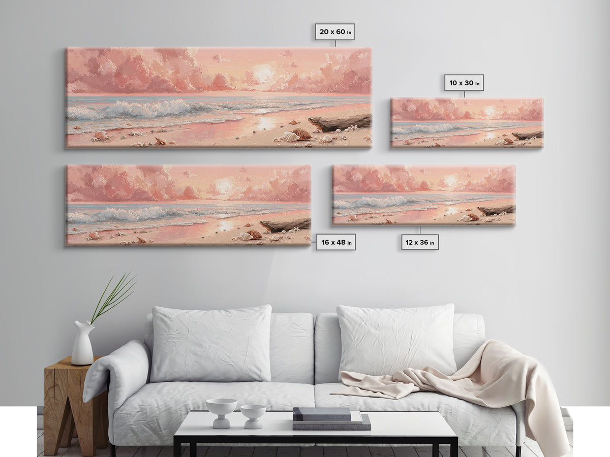 Blush Pink Seashell Beach Sunset Wall Art, Pastel Shore Painting, Coastal Ocean Canvas Decor, Beach House Nursery Decor Gift