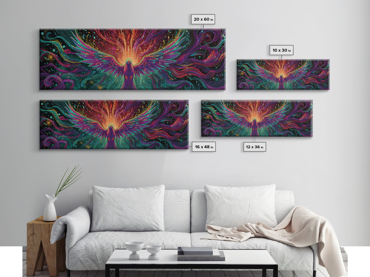 Fiery Rainbow Phoenix Canvas Print, Colorful Fantasy Bird Wall Art, Mythical Creature Decor, Magical Living Room Art, Unique Gift