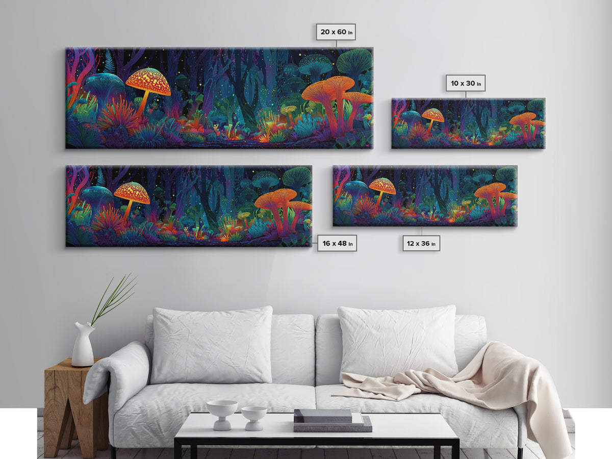 Glowing Mushroom Forest With Neon Woodland Canvas Print, Psychedelic Wall Art For Kids Room Decor And Whimsical Home Decor