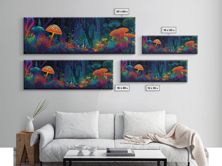 Glowing Mushroom Forest With Neon Woodland Canvas Print, Psychedelic Wall Art For Kids Room Decor And Whimsical Home Decor