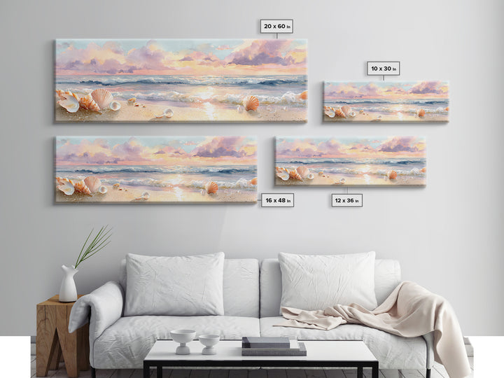 Pastel Seashell Beach Canvas Print, Soft Ocean Wave Shore Painting, Coastal Wall Art, Beach House Bathroom Home Decor Gift