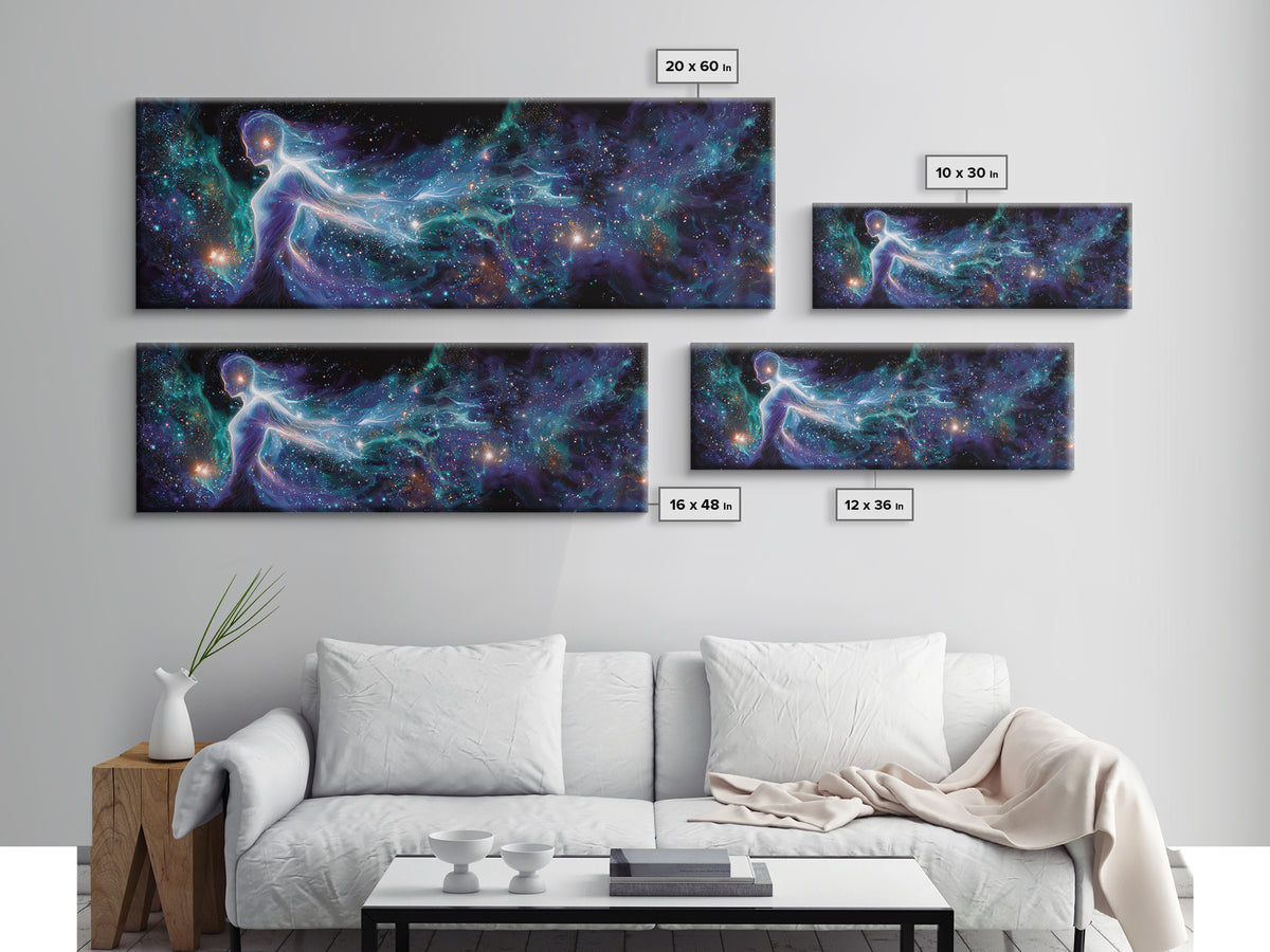 Cosmic Goddess Figure Drifting Through Stars Framed Canvas Print, Celestial Wall Art For Meditation Room Decor And Spiritual Gift