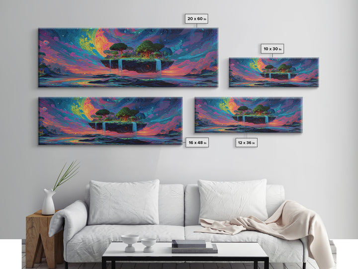 Floating Island Waterfalls Canvas Print, Crescent Moon Fantasy Seascape, Celestial Wall Art For Bedroom Or Living Room Decor