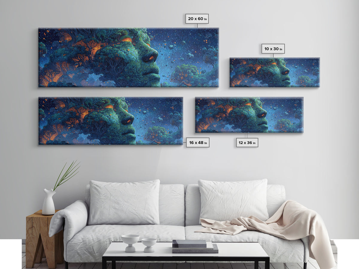 Cosmic Forest Goddess Face Wall Art, Surreal Nature Canvas Print, Mystical Celestial Decor, Psychedelic Large Statement Art