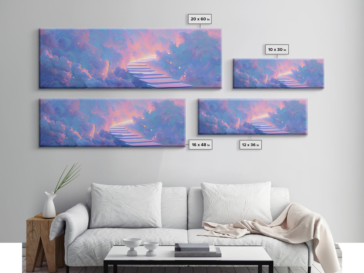Pastel Stairway To Heaven Framed Canvas Print, Dreamy Cloudscape Wall Art, Fantasy Celestial Bedroom Decor, Gift For Her