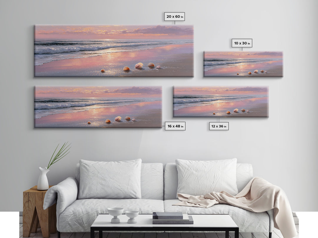 Sunset Ocean Shells Framed Canvas Print, Shimmering Beach Seascape, Coastal Wall Art For Bedroom And Beach House Decor Gift