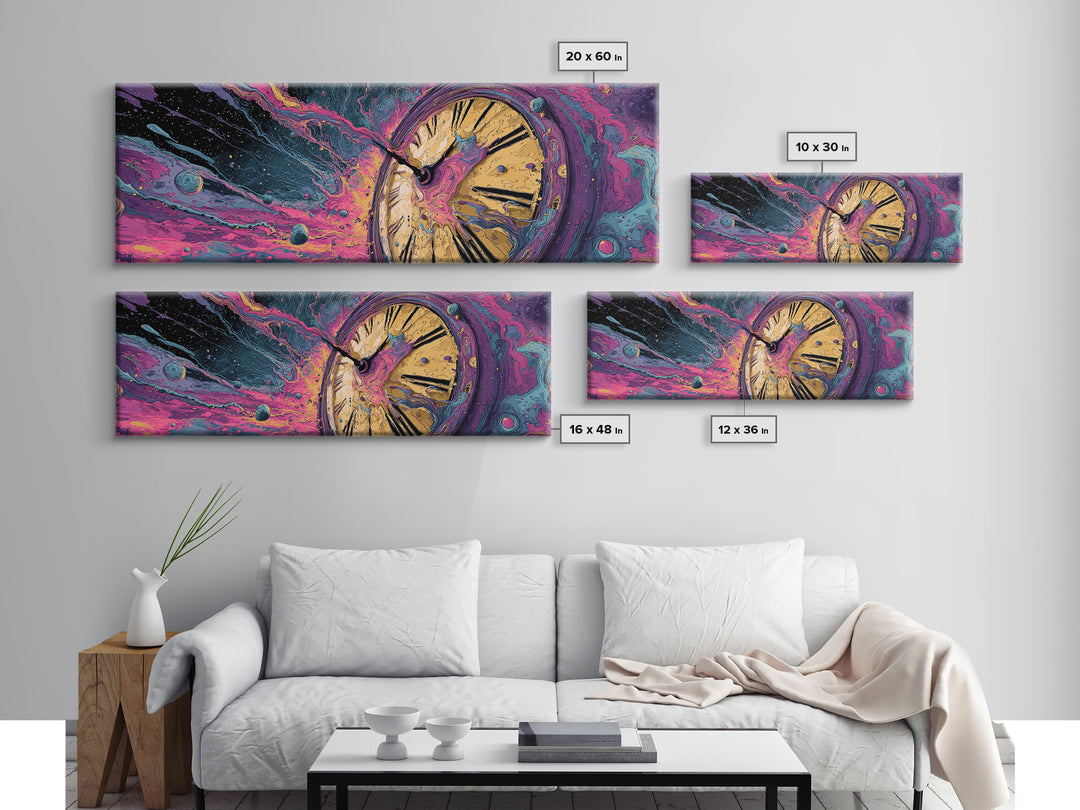 Melting Clock In Cosmic Space Wall Art, Surreal Time Travel Canvas, Psychedelic Galaxy Decor, Modern Abstract Art Print, Unique Gift