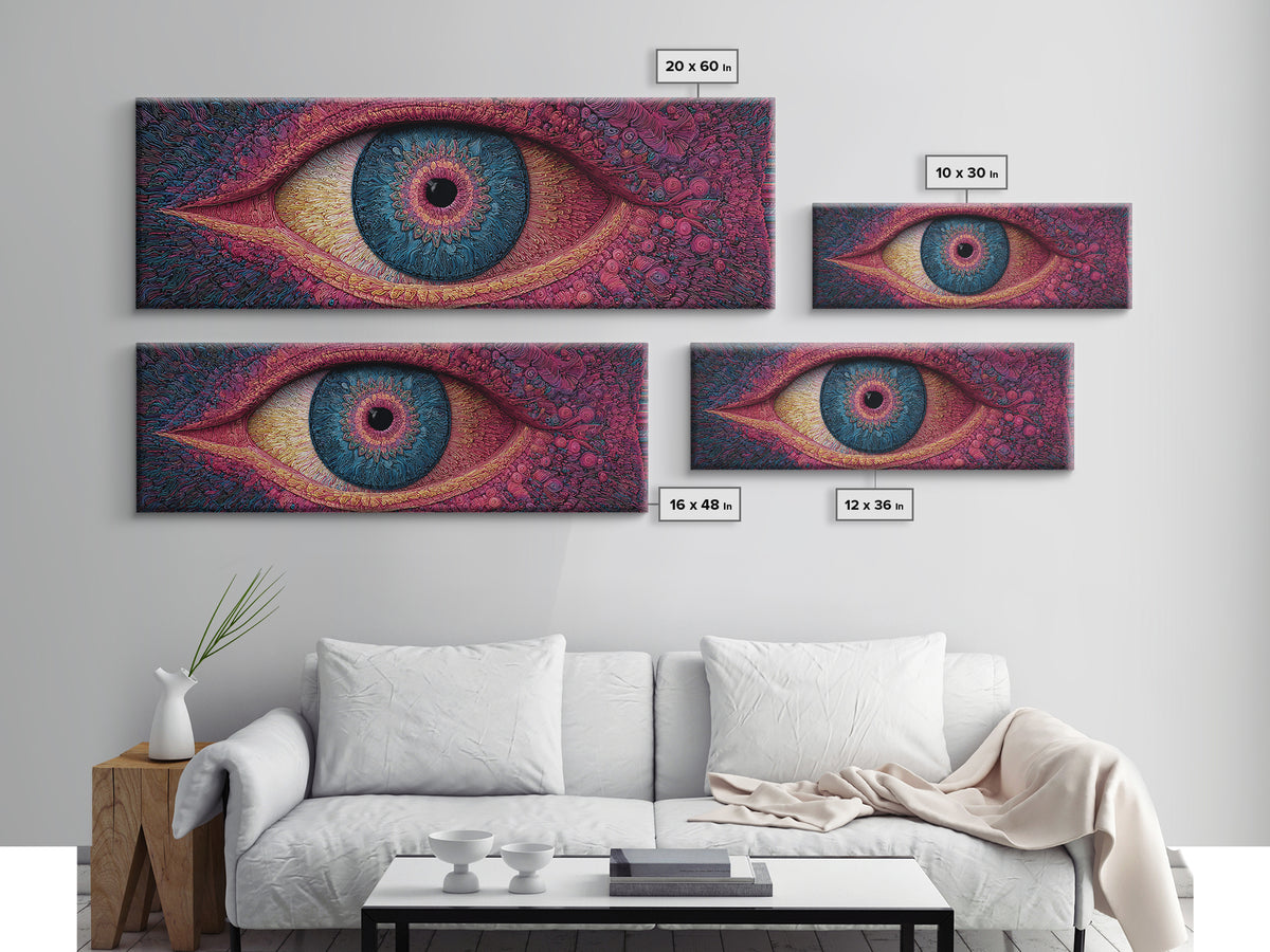 Psychedelic Blue Eye With Magenta Texture Wall Art, Surreal Canvas Print For Trippy Room Decor And Modern Statement Artwork