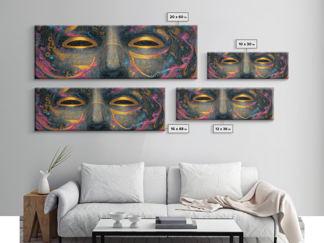 Ornate Cosmic Golden Mask Wall Art, Egyptian Mystical Face, Celestial Decor, Luxury Home Decor, Statement Artwork Gift For Her