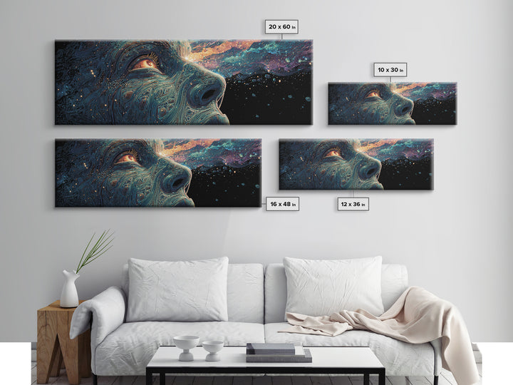 Cosmic Wolf Portrait With Galaxy Eye Wall Art, Large Panoramic Psychedelic Animal Canvas, Space Decor, Celestial Gift For Him