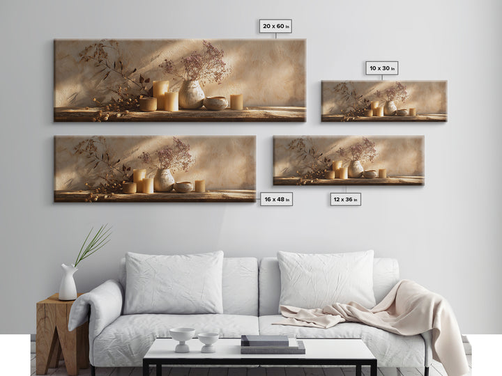 Neutral Candle Still Life Wall Art, Rustic Vase And Dried Botanical Painting, Wabi Sabi Minimalist Earth Tone Home Decor Gift