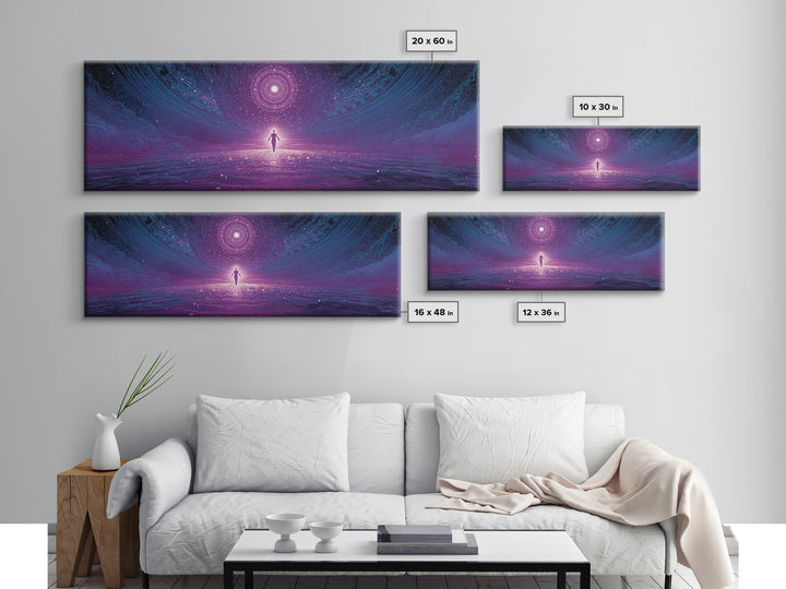 Cosmic Figure Before Celestial Portal Wall Art, Surreal Space Canvas Print, Mystical Purple Meditation Room Decor Gift For Her