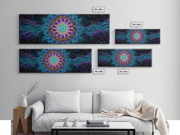 Teal Purple Fractal Mandala Flower Framed Canvas Print, Psychedelic Spiritual Wall Art For Yoga Studio And Meditation Decor
