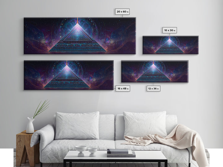 Glowing Sacred Geometry Pyramid Framed Canvas Print, Cosmic Spiritual Wall Art For Meditation Room And Modern Office Decor