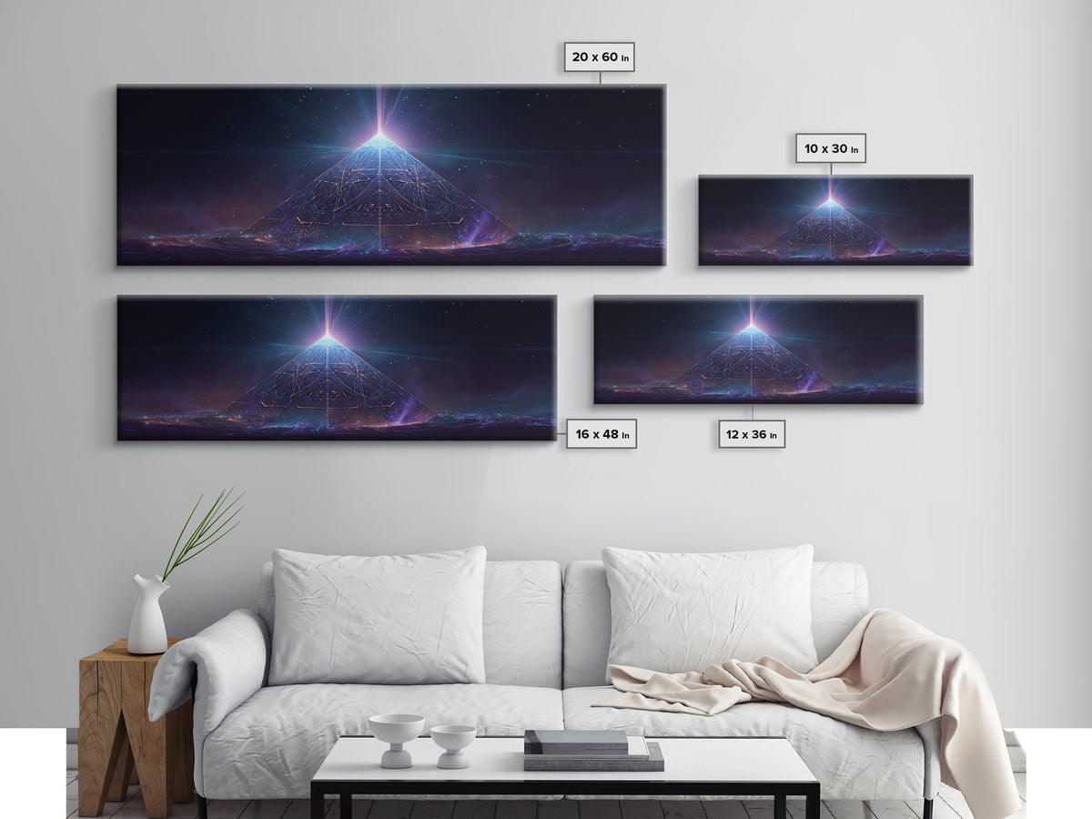 Glowing Cosmic Pyramid Wall Art, Futuristic Celestial Space Print, Mystical Sacred Geometry Decor, Framed Canvas Print For Office Decor