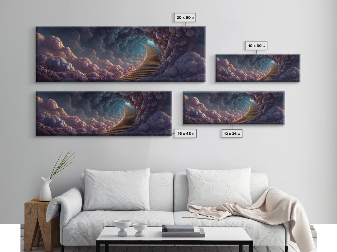 Moody Cloud Stairway Framed Canvas Print, Fantasy Heaven Wall Art, Dreamy Celestial Landscape, Calming Bedroom Wall Decor