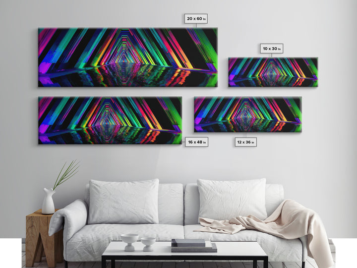 Neon Geometric Tunnel Reflection Canvas Print, Cyberpunk Wall Art, Futuristic Abstract Art, Gaming Room Decor, Vaporwave Poster