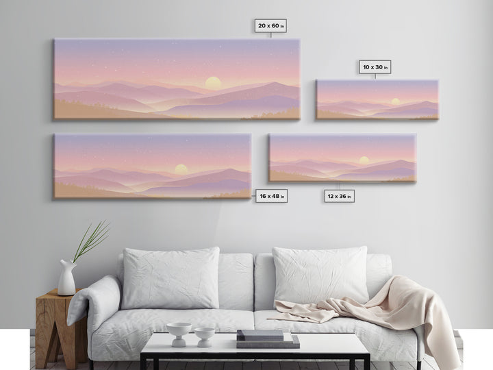Pastel Mountain Moon Wall Art, Minimalist Sunset Landscape, Celestial Nursery Print, Calming Soft Pink Bedroom Home Decor Gift