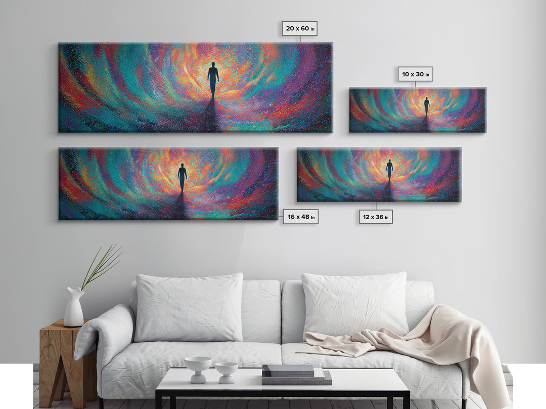 Silhouette Walking Into Rainbow Vortex Wall Art, Abstract Psychedelic Art Print, Meditation Decor, Modern Canvas Print For Living Room