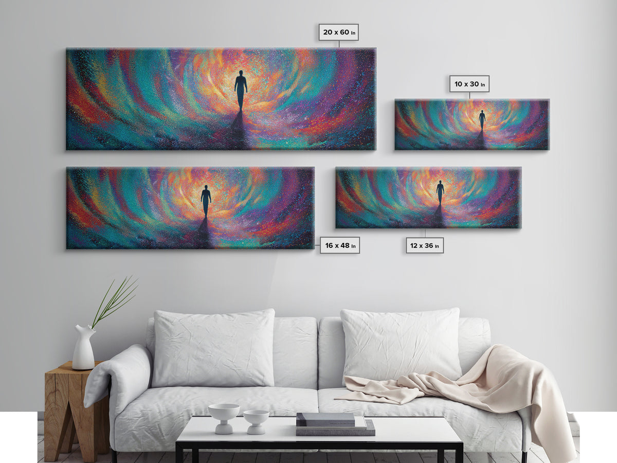 Silhouette Walking Into Rainbow Vortex Wall Art, Abstract Psychedelic Art Print, Meditation Decor, Modern Canvas Print For Living Room