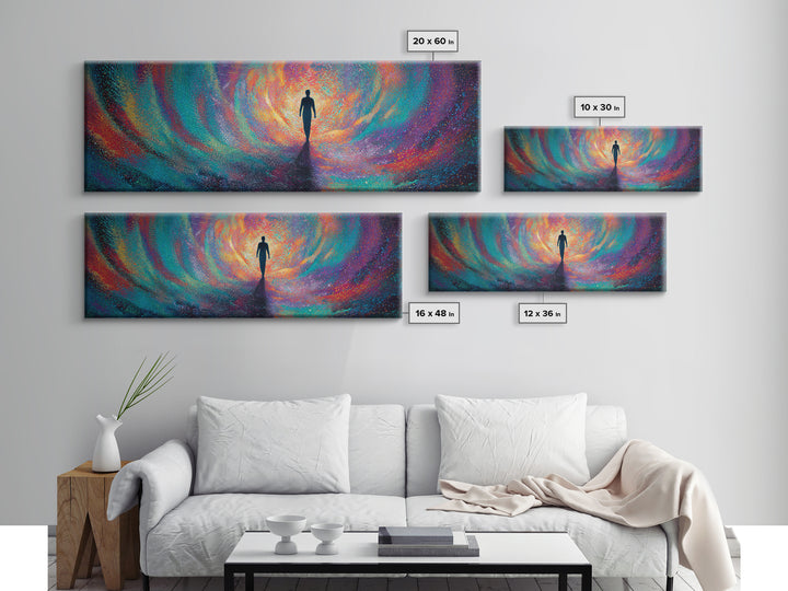 Silhouette Walking Into Rainbow Vortex Wall Art, Abstract Psychedelic Art Print, Meditation Decor, Modern Canvas Print For Living Room
