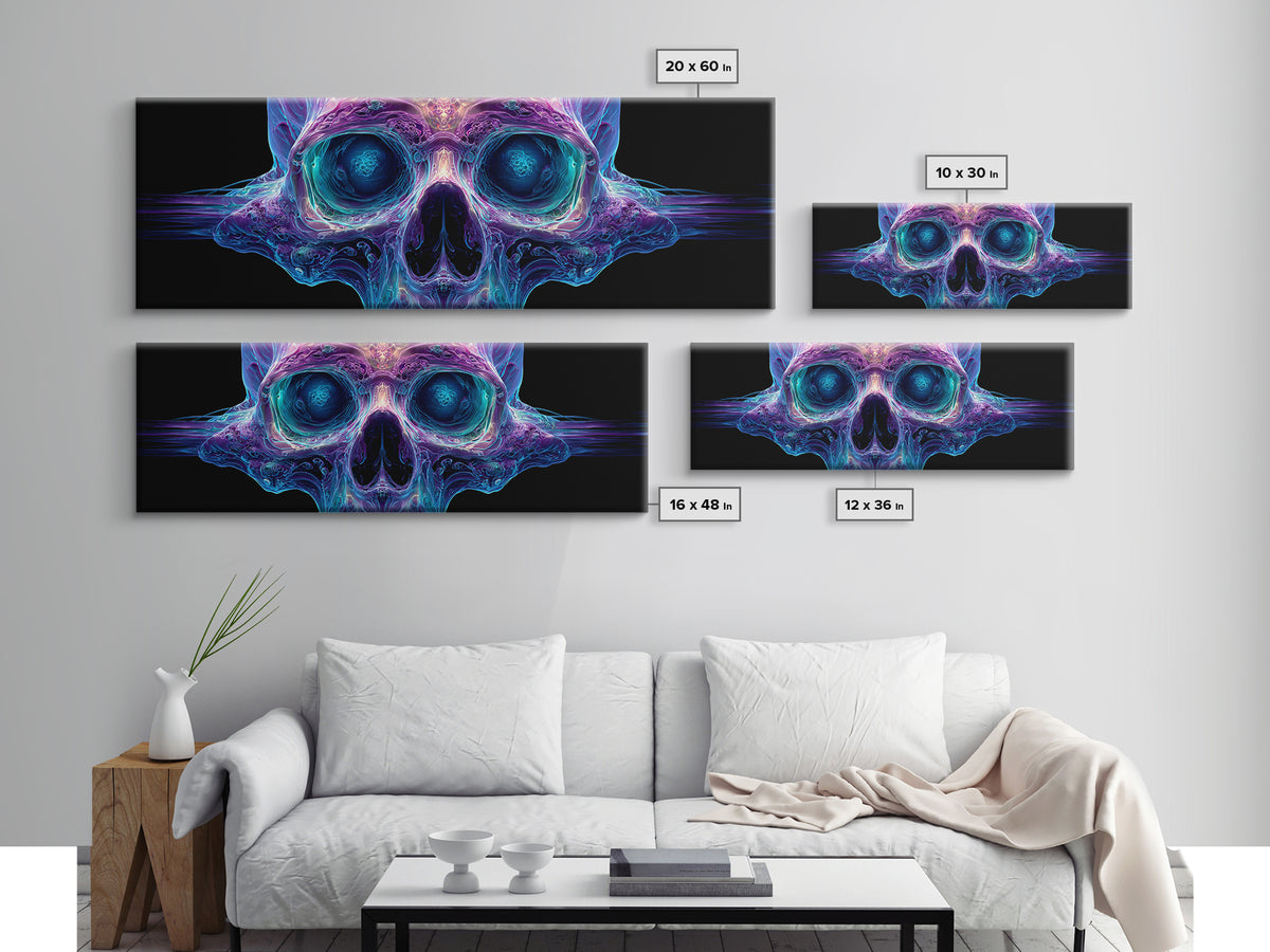 Neon Crystal Skull Wall Art, Gothic Psychedelic Dark Art Print, Futuristic Macabre Decor, Framed Canvas Print For Living Room