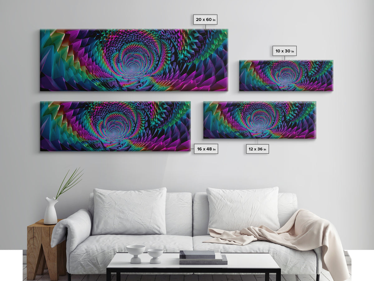 Rainbow Crystal Vortex Tunnel With Geometric Depth Canvas Print, Psychedelic Wall Art For Modern Abstract Home Decor And Office Decor