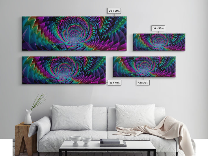 Rainbow Crystal Vortex Tunnel With Geometric Depth Canvas Print, Psychedelic Wall Art For Modern Abstract Home Decor And Office Decor