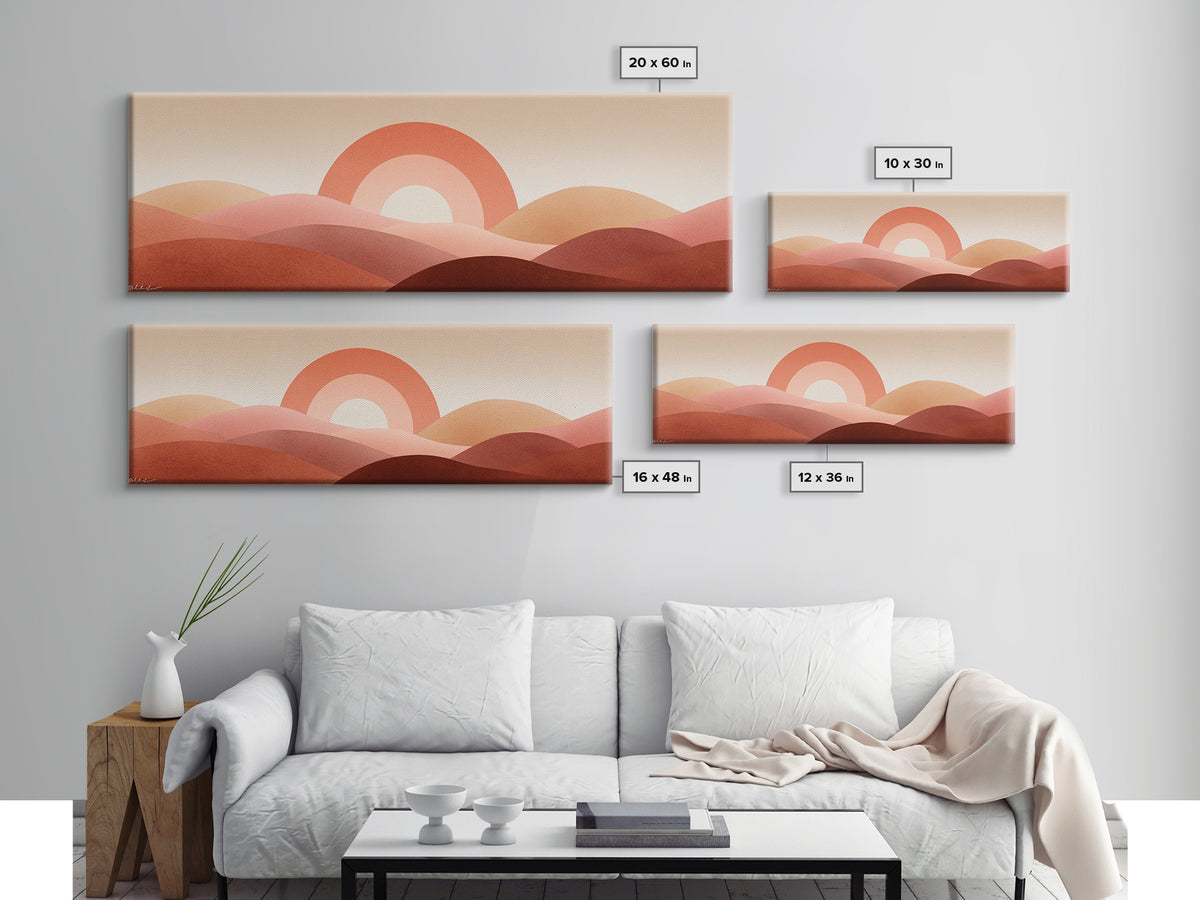 Terracotta Sun And Rolling Hills Canvas Print, Abstract Desert Landscape, Mid Century Modern Wall Art, Warm Earth Tone Decor